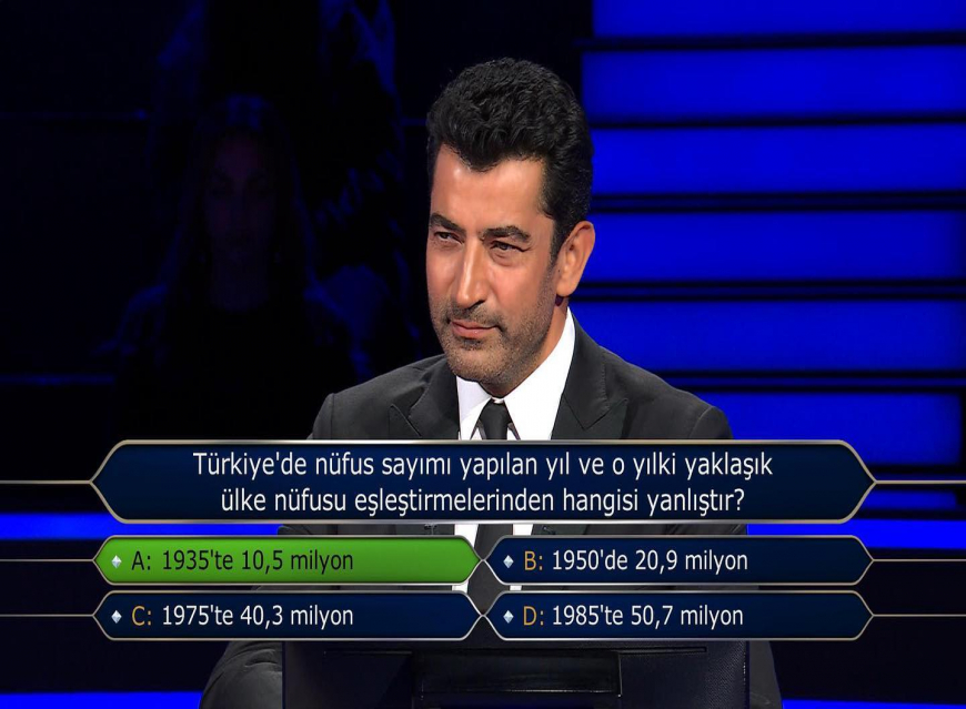 Milyoner: Türkiye'de nüfus sayımı yapılan yıl ve o yılki yaklaşık ülke nüfusu eşleştirmelerinden hangisi yanlıştır?